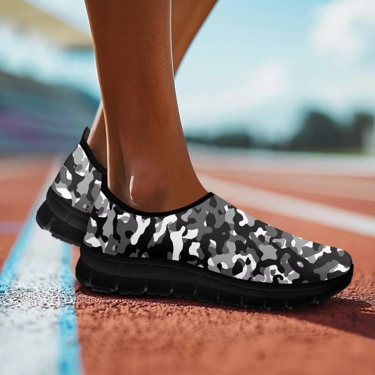 Howilath Camo Print Slip on Loafers for Women Anti-Skid Running Sneakers Fashion Trekking Shoes for Travel Camping